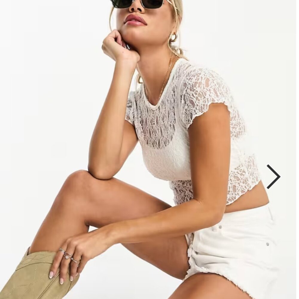 Pull & Bear Womens Lace Crop Top S Sheer Mesh Cropped Gray Baby Tee T Shirt Crew